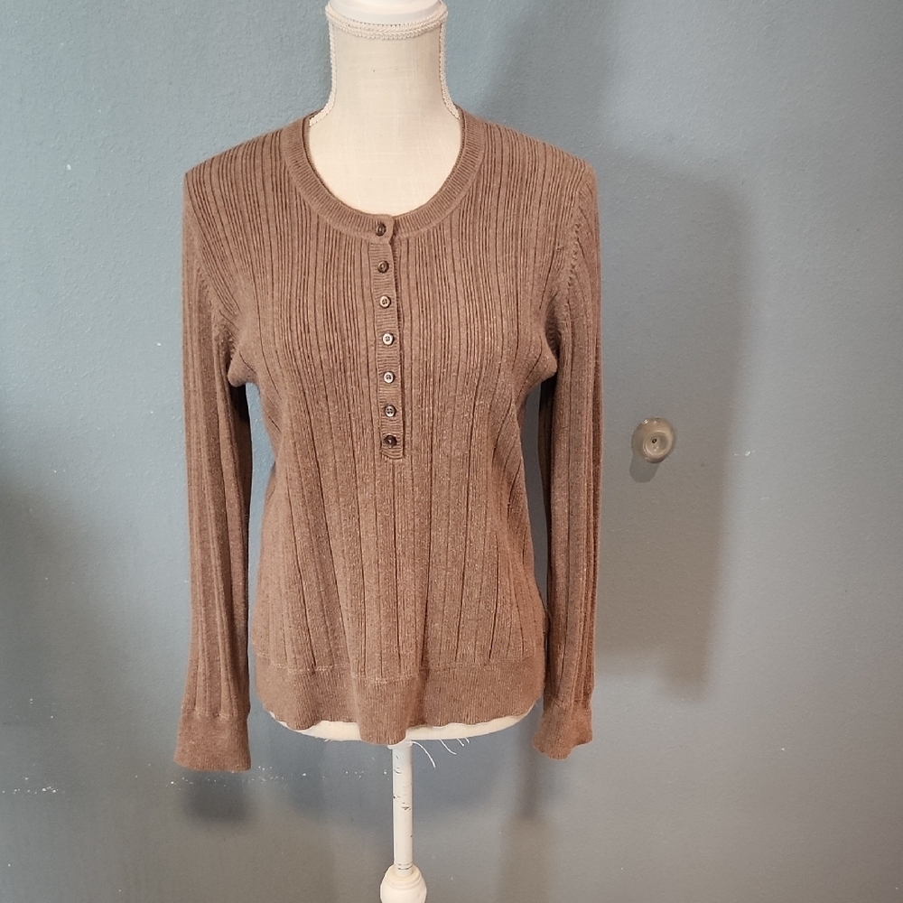 Sonoma Cotton Blend Ribbed Knit Half Button Down Long Sleeve Crew Neck Sweater